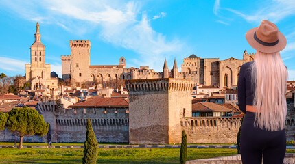 Palace of the Popes or Palais des Papes and Avignon Cathedral  panoramic view - Avignon city, France - obrazy, fototapety, plakaty