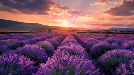 A field of lavender flowers with a beautiful sunset in the background. The sun is setting behind...