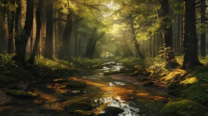 A stream meanders through a dense forest filled with vibrant green foliage and tall trees. The water glistens under the sunlight as it flows over rocks and fallen branches, creating a peaceful and ser