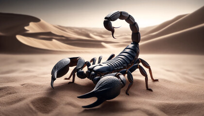 a scorpion with a sleek black exoskeleton, posed naturally on matte, sandy ground
