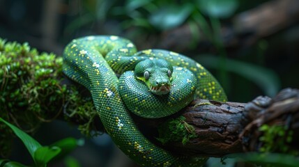 Green Tree Python Curling Around a Moss-Covered Branch in the Canopy of a Dense Jungle.
