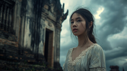 Serene Woman by Historical Temple Ruins