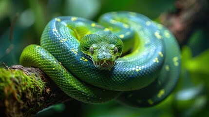 Green Tree Python Curling Around a Moss-Covered Branch in the Canopy of a Dense Jungle.