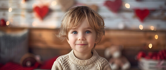Portrait of a cute little boy on Valentine's Day, radiating joy and love. - obrazy, fototapety, plakaty