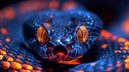 Black Mamba Coiled in a Defensive Position, Its Glistening Scales Reflecting the Moonlight. - obrazy, fototapety, plakaty