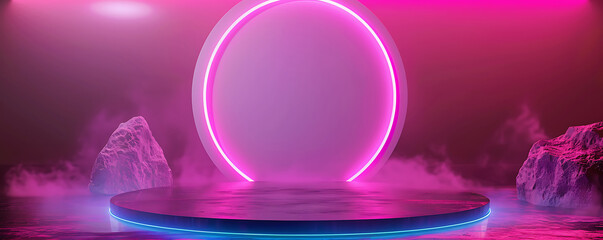Pink Technology Podium background light studio scene stage future platform game abstract with a circle glow effect.