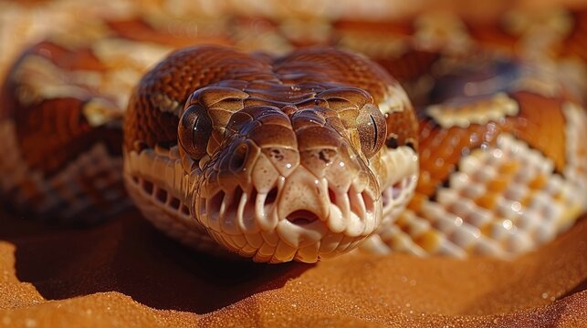 Burmese Python Slithering Stealthily Across a Sandy Desert Dune, Its Scales Glistening in the Sunlight