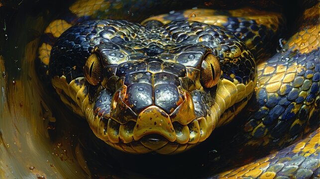 Blood Python Emerging from the Shadows of a Cave, Its Eyes Glinting with Hunger in the Dim Light
