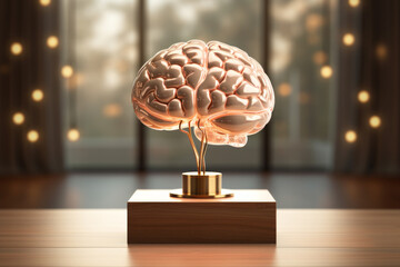 Illuminated Brain Structure Displayed as Light Bulb in Library Setting - 784966319