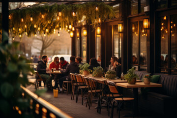 Cozy Outdoor Evening at a Bustling Urban Bar with Hanging Lights - 784966343