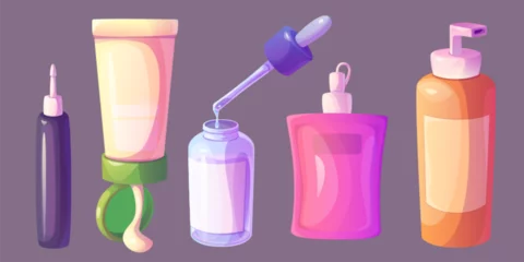  Skincare product and face lotion bottle cartoon. Facial skin care and beauty cosmetic jar with body cream icon set. Hair shampoo container pack. Isolated spa and hygiene gel packaging collection © klyaksun