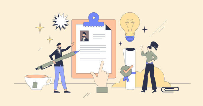 Resume writing and candidate CV application neubrutalism tiny person concept. Human resources work with new talent search from application and motivation letters vector illustration. Job interview.