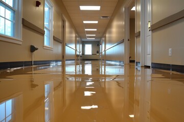 Shiny brown epoxy flooring in a sunlit office corridor