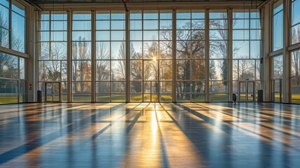 Interior of an empty modern fitness room with large windows