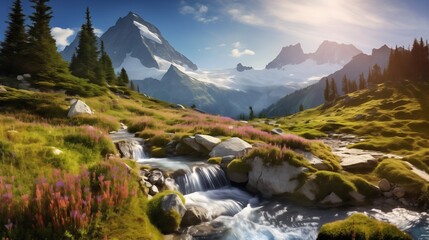 A breathtaking mountain panorama featuring a pristine white hut nestled amidst towering peaks, with cascading waterfalls glistening in the sunlight.