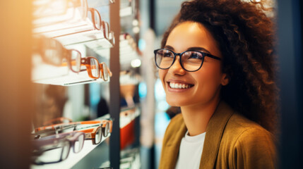 Cheerful Young Woman Trying on Stylish Glasses at Optician Store - 784966580