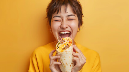 Joyful Young Woman Enjoying a Burrito - 784966725