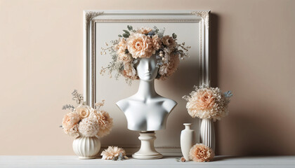 a mannequin bust adorned with a lavish crown of pale peach and white flowers in vase