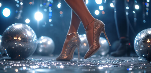 A close-up of dazzling stiletto heels beside a reflective disco ball on the dance floor - obrazy, fototapety, plakaty