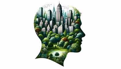 a silhouette profile of a human head, blended with an intricate cityscape and lush greenery