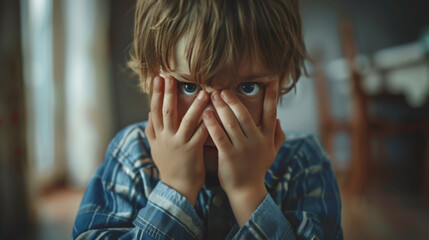 Unhappy kid boy hands hides his face - 784966773