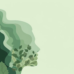 Abstract Woman Profile with Green Plant Motifs on Pastel Background