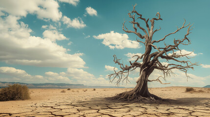 The died tree in the cracked soil or desert