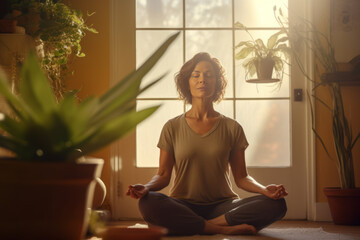 Tranquil Woman Meditating in Sunny, Plant-Filled Room