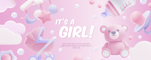 Baby shower 3d style with lettering It's a girl banner, vector cartoon pink horizontal design, newborn accessories, toys