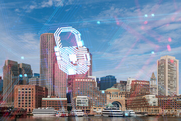 A city skyline with a hologram of a security padlock overlay, suggesting a concept of cybersecurity...