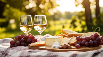 Sunset Picnic with White Wine, Grapes and Cheese, Countryside Relaxation - 784967148