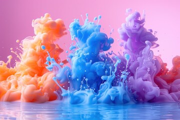 A dynamic display of blue and pink colored smoke puffing up and blending artistically against a soft pastel orange background.