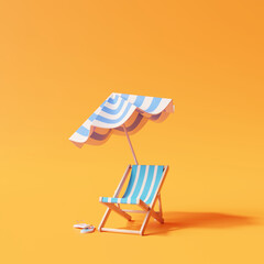 Beach umbrella with chairs on orange background. summer vacation concept. 3d rendering - obrazy, fototapety, plakaty