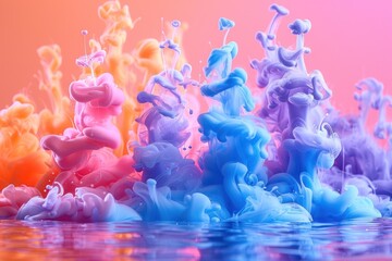 A dynamic display of blue and pink colored smoke puffing up and blending artistically against a soft pastel orange background.
