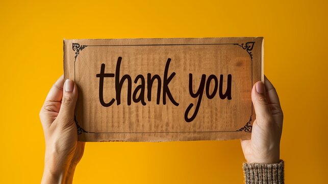 Hands holding a cardboard sign with the words "Thank You" on a yellow background.