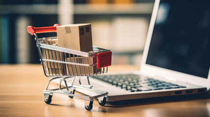 Online Shopping Concept with Mini Cart and Cardboard Boxes on Laptop - 784967300