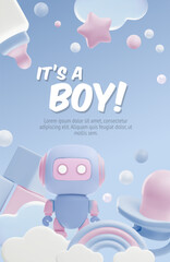 Baby shower with lettering It's a boy 3d style poster, vector cartoon blue vertical design, robot toy newborn accessory