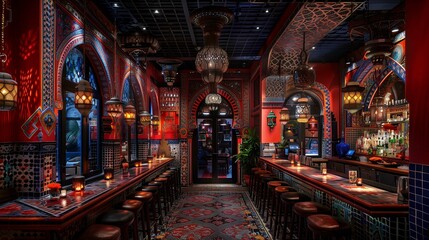 Obraz premium Ornate Moroccan Style Bar Interior with Colorful Mosaic and Lanterns
