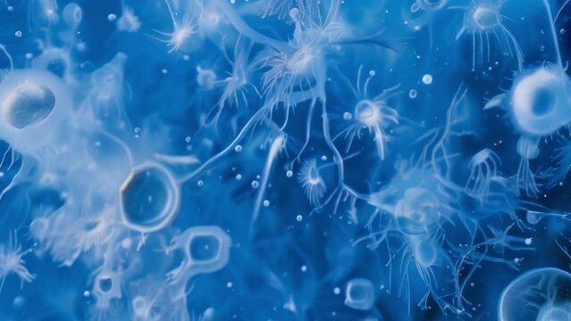 A microscopic image of plankton shows countless small organisms varying in shape and size floating in a vast ocean of blue. The plankton . AI generation.