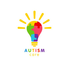 School logo concept. Brainstorm symbol. Educational icon. Colorful lamp. Autism care education logotype template. Cute isolated colour design with puzzle texture. White background. Business sign.