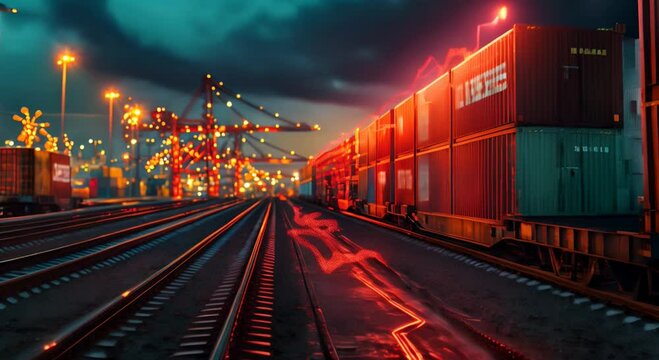 high quality photo of a container train on the background of the photo, a digital image of an arrow is showing decrease