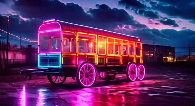 photo of a neon wagon, strong colours, saturation, strong light