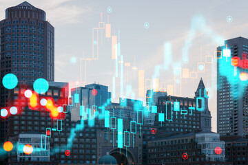 Cityscape with futuristic holographic overlay, light effects, and financial data. Double exposure