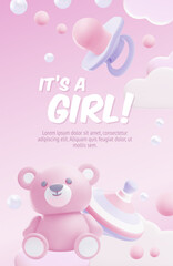 Poster with a bear, a spinning top and a pacifier on a pink background.
