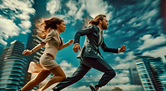 Yound women and men run to work, Business concept