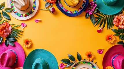 Cinco de Mayo background with sombreros and flowers on yellow, flat lay top view space for text. Cinco de Mayo celebration idea.