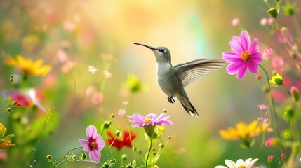 Graceful hummingbird dances amid spring blooms, a vibrant display of nature's beauty. Ai Generated.