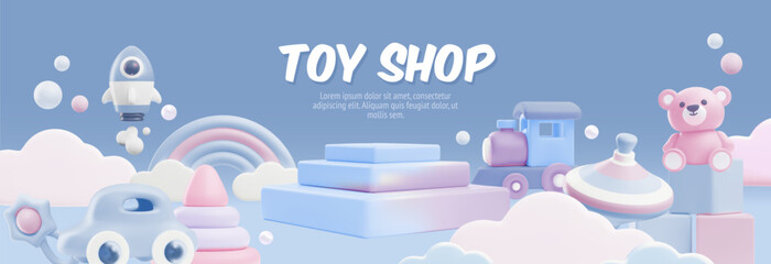 Vector banner of a toy store with a set of 3D toys.