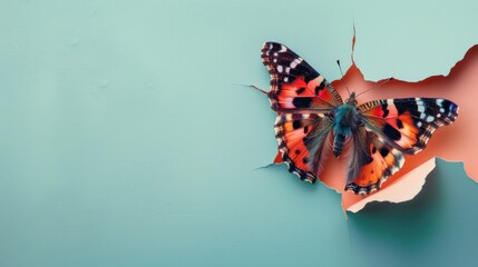 A humorous butterfly peers through a ripped hole in a contrast pastel color paper background, Ai...