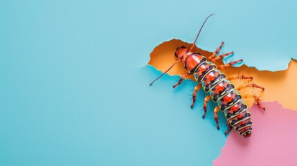 A humorous centipede peers through a ripped hole in a contrast pastel color paper background, Ai...